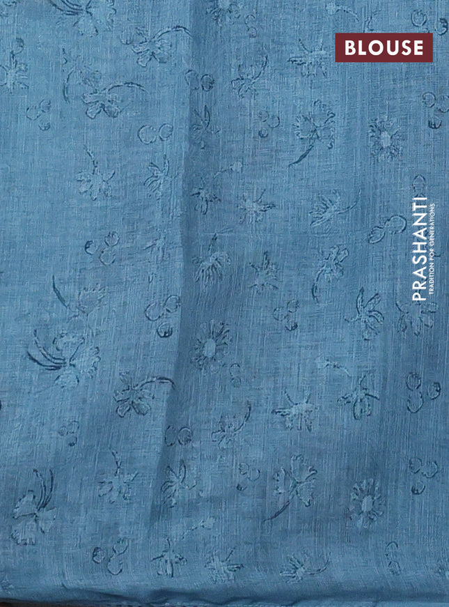 Linen cotton saree pastel blue with allover prints & pita work and lace work border