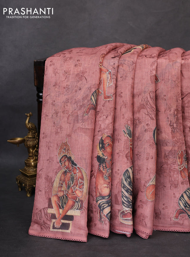 Linen cotton saree rust shade with allover prints & pita work and lace work border