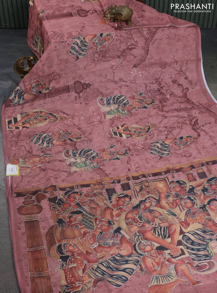 Linen cotton saree rust shade with allover prints & pita work and lace work border