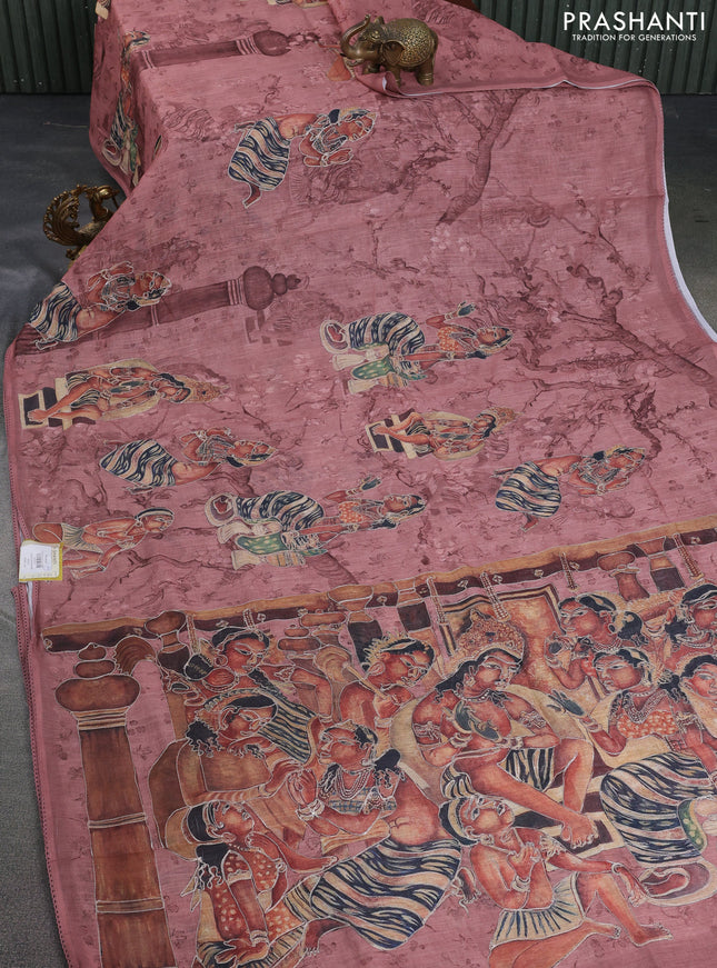 Linen cotton saree rust shade with allover prints & pita work and lace work border