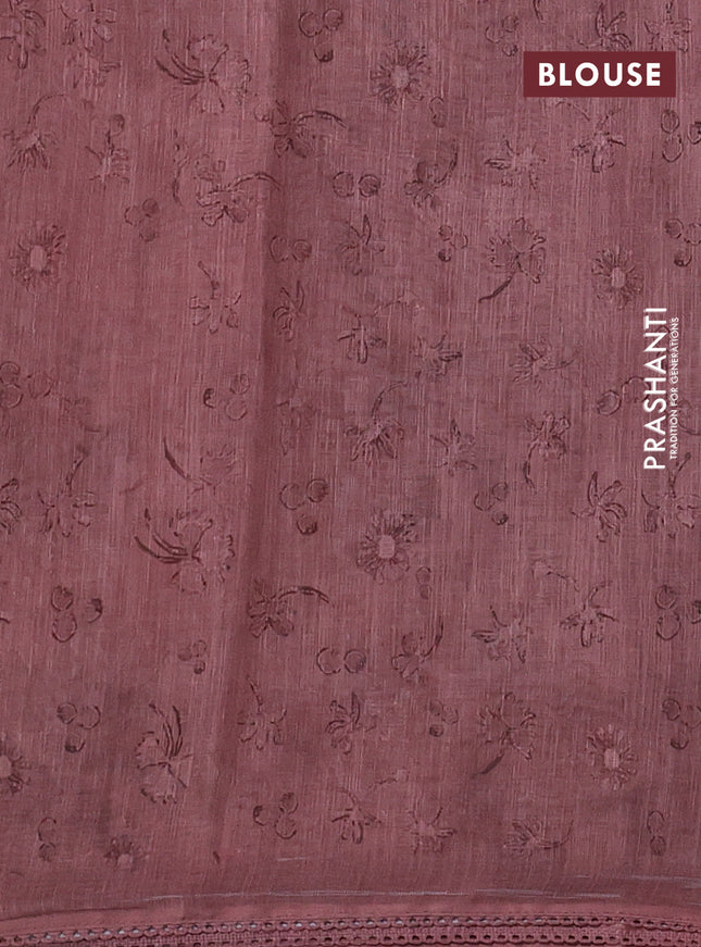Linen cotton saree rust shade with allover prints & pita work and lace work border