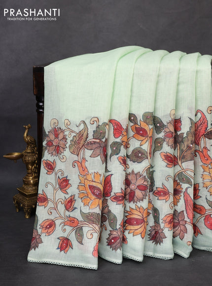 Linen cotton saree pista green with plain body and long kalamkari printed & embroidery work border