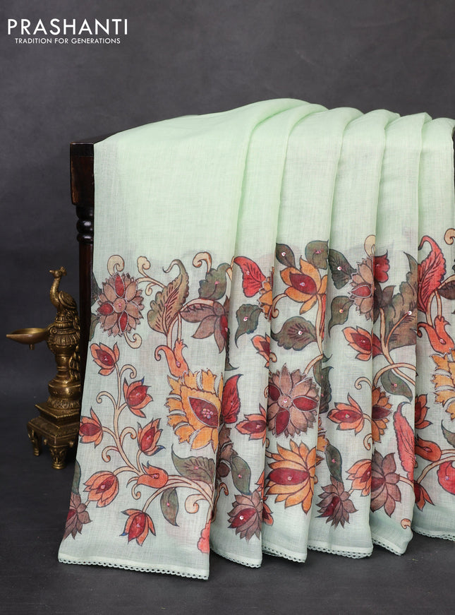 Linen cotton saree pista green with plain body and long kalamkari printed & embroidery work border