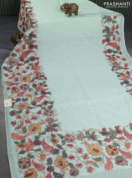 Linen cotton saree pista green with plain body and long kalamkari printed & embroidery work border