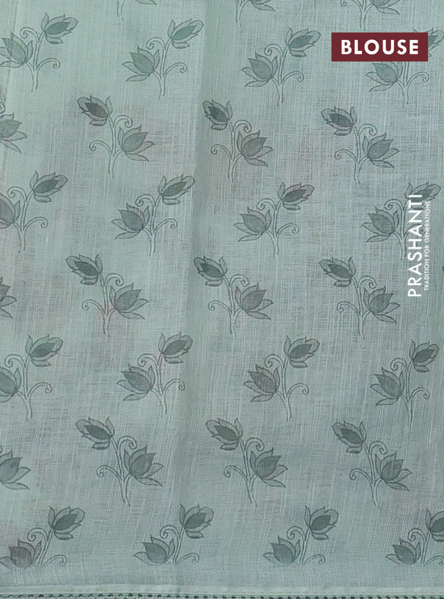 Linen cotton saree pista green with plain body and long kalamkari printed & embroidery work border