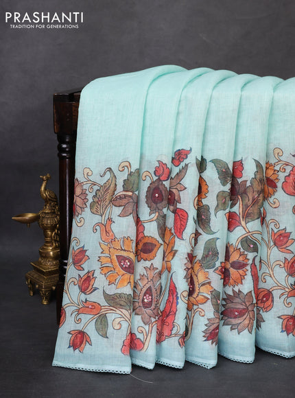 Linen cotton saree teal green shade with plain body and long kalamkari printed & embroidery work border