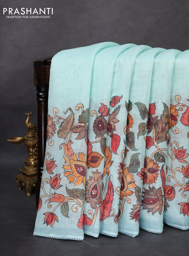 Linen cotton saree teal green shade with plain body and long kalamkari printed & embroidery work border