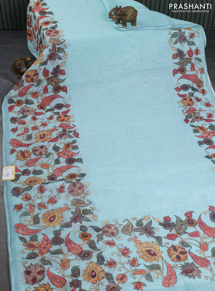 Linen cotton saree teal green shade with plain body and long kalamkari printed & embroidery work border