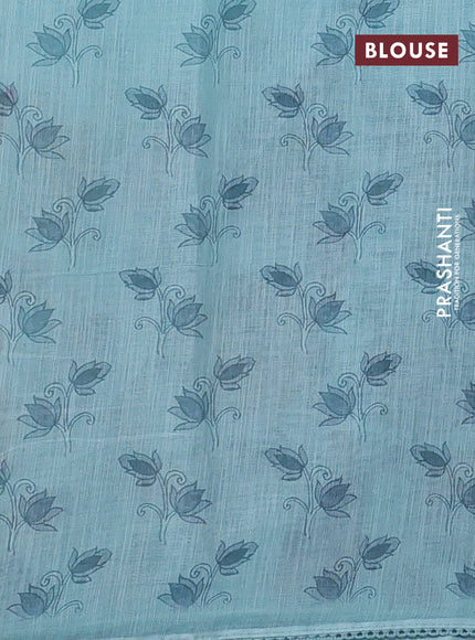 Linen cotton saree teal green shade with plain body and long kalamkari printed & embroidery work border