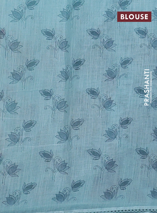 Linen cotton saree teal green shade with plain body and long kalamkari printed & embroidery work border