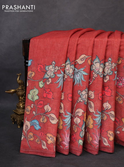 Linen cotton saree rust shade with plain body and long kalamkari printed & embroidery work border