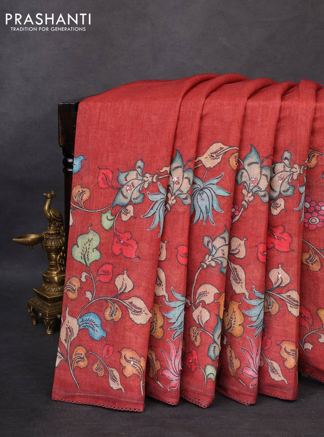 Linen cotton saree rust shade with plain body and long kalamkari printed & embroidery work border