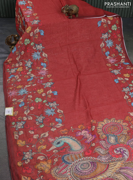 Linen cotton saree rust shade with plain body and long kalamkari printed & embroidery work border