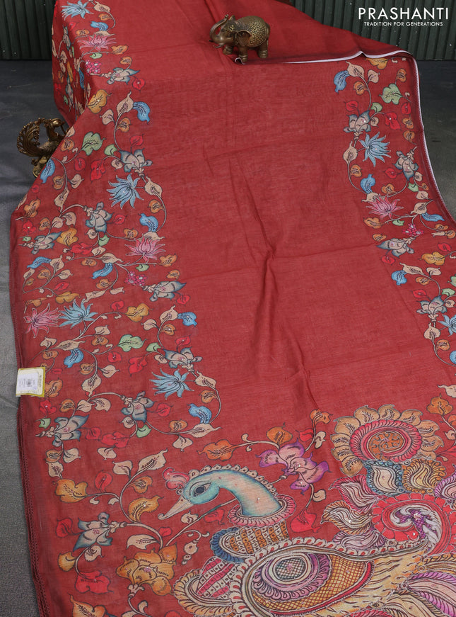 Linen cotton saree rust shade with plain body and long kalamkari printed & embroidery work border