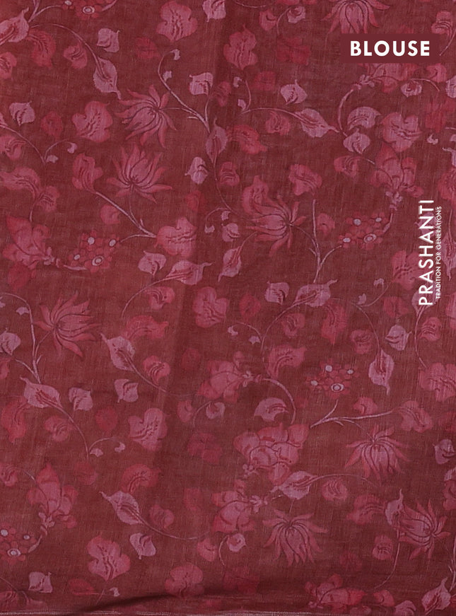 Linen cotton saree rust shade with plain body and long kalamkari printed & embroidery work border