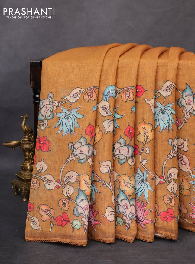 Linen cotton saree dark mustard with plain body and long kalamkari printed & embroidery work border