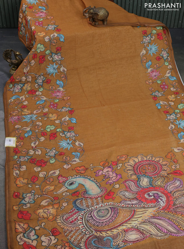 Linen cotton saree dark mustard with plain body and long kalamkari printed & embroidery work border