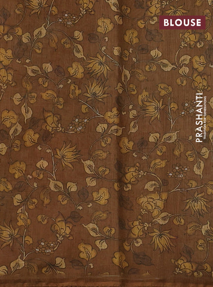 Linen cotton saree dark mustard with plain body and long kalamkari printed & embroidery work border