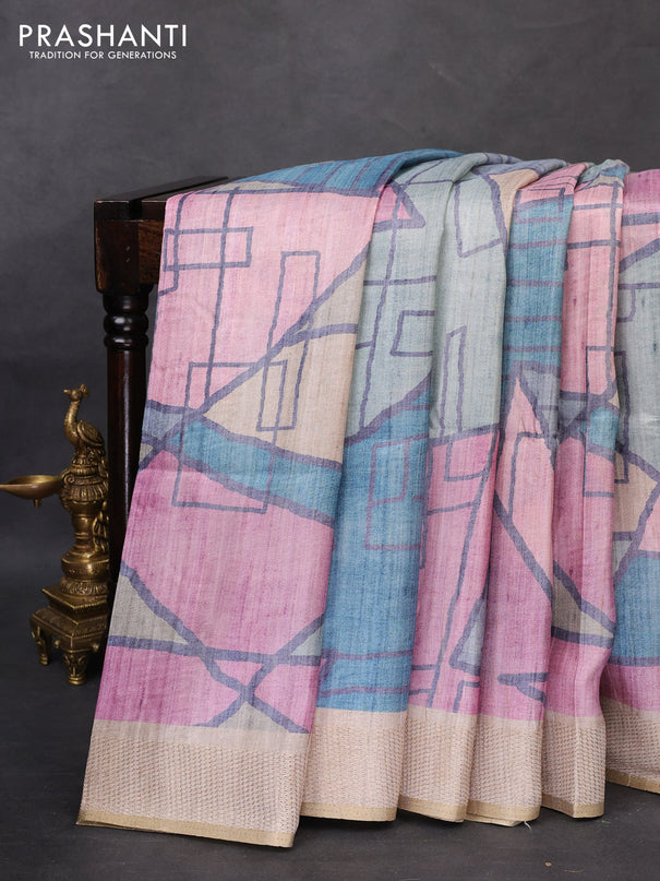 Semi matka saree multi colour and beige with allover geometric prints and zari woven border