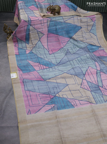 Semi matka saree multi colour and beige with allover geometric prints and zari woven border