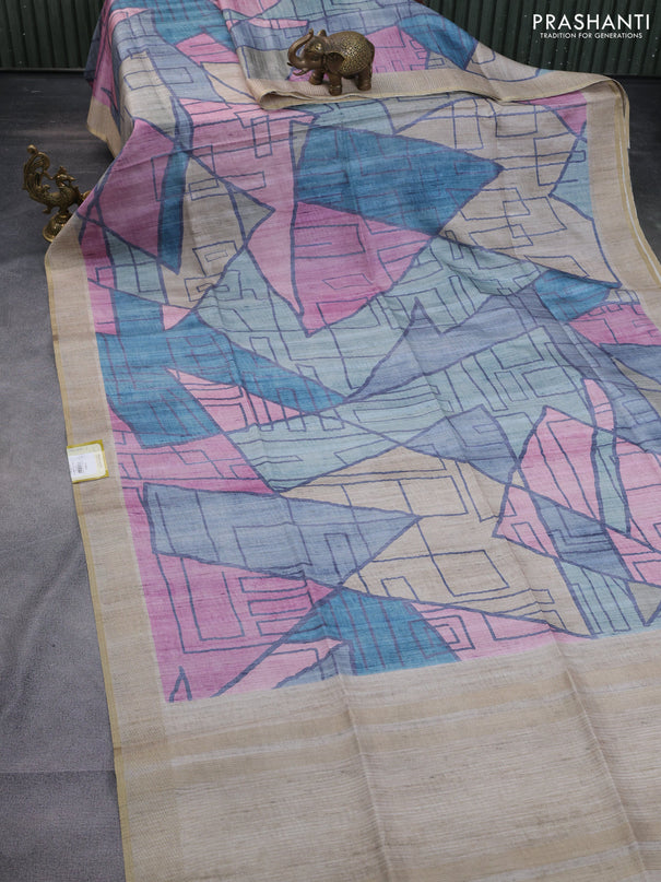 Semi matka saree multi colour and beige with allover geometric prints and zari woven border