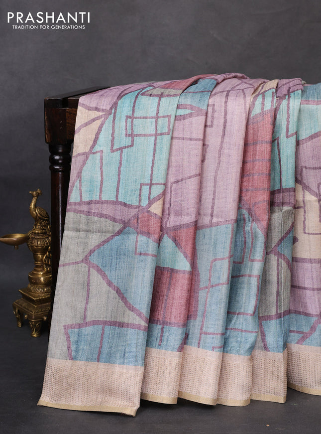 Semi matka saree multi colour and beige with allover geometric prints and zari woven border