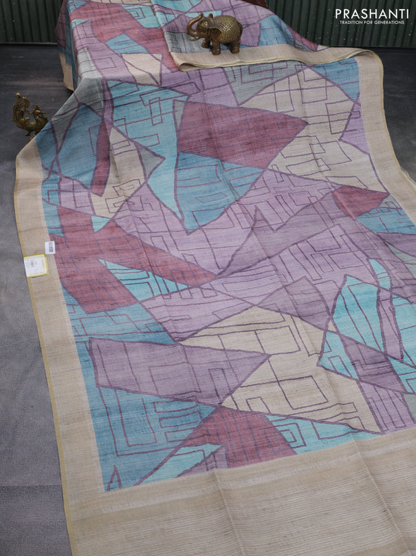 Semi matka saree multi colour and beige with allover geometric prints and zari woven border