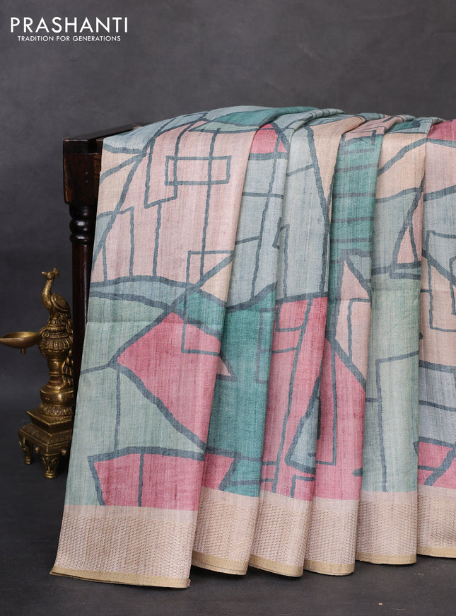 Semi matka saree multi colour and beige with allover geometric prints and zari woven border