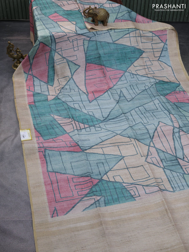 Semi matka saree multi colour and beige with allover geometric prints and zari woven border