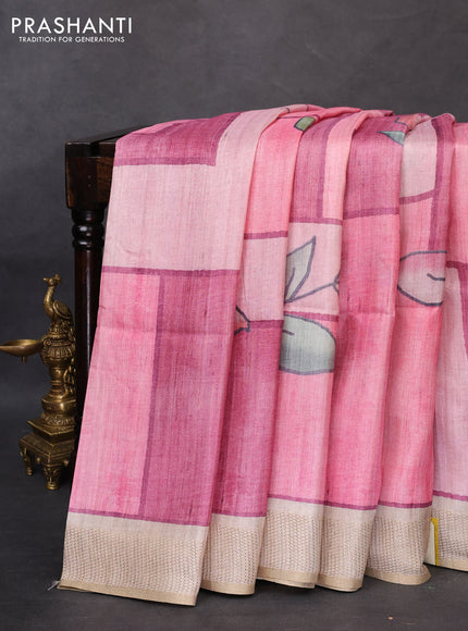 Semi matka saree pink and beige with allover geometric prints and zari woven border