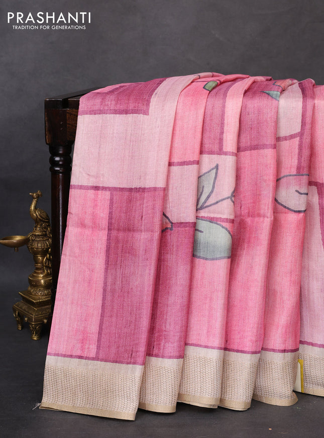 Semi matka saree pink and beige with allover geometric prints and zari woven border