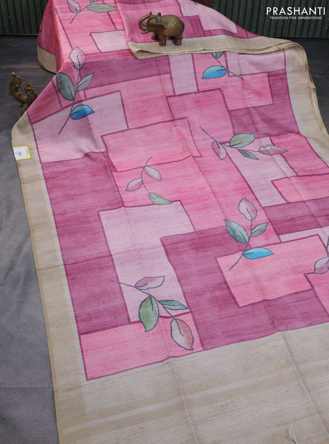 Semi matka saree pink and beige with allover geometric prints and zari woven border