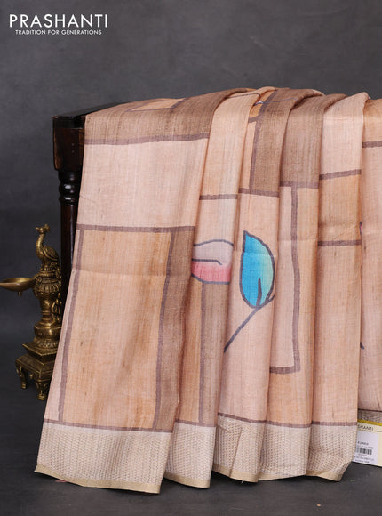 Semi matka saree sandal and beige with allover geometric prints and zari woven border