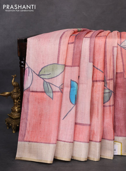 Semi matka saree peach pink and maroon beige with allover geometric prints and zari woven border