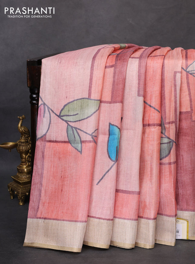 Semi matka saree peach pink and maroon beige with allover geometric prints and zari woven border