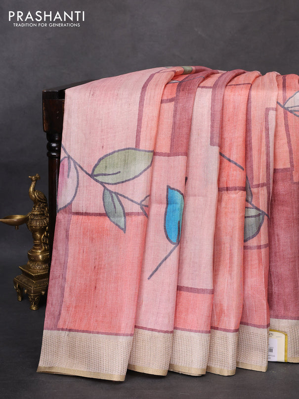 Semi matka saree peach pink and maroon beige with allover geometric prints and zari woven border