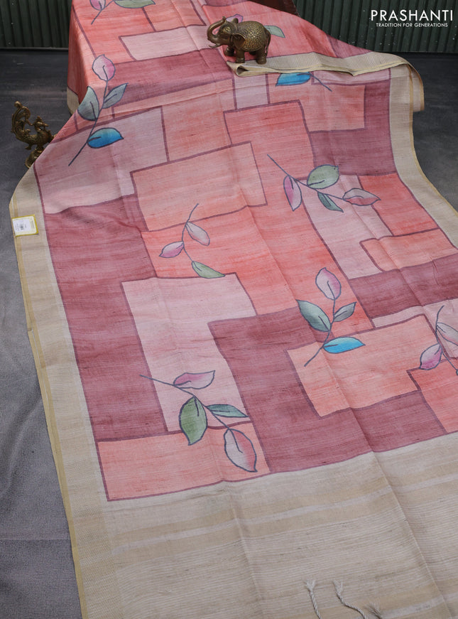 Semi matka saree peach pink and maroon beige with allover geometric prints and zari woven border