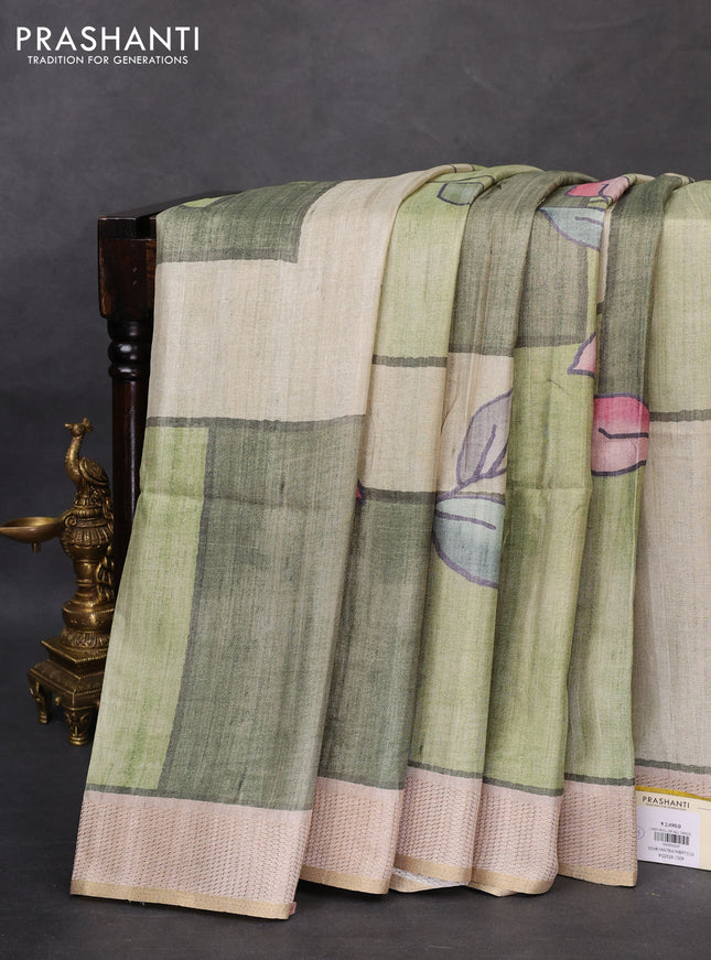 Semi matka saree pastel green and green beige with allover geometric prints and zari woven border