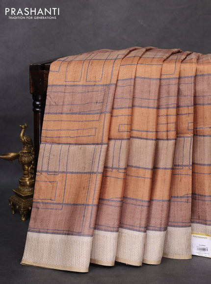 Semi matka saree mustard yellow and beige with allover geometric prints and zari woven border