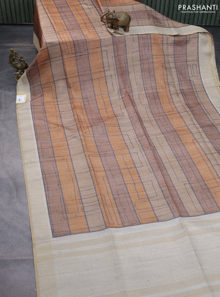 Semi matka saree mustard yellow and beige with allover geometric prints and zari woven border
