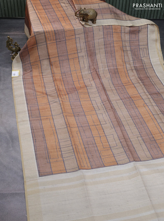 Semi matka saree mustard yellow and beige with allover geometric prints and zari woven border