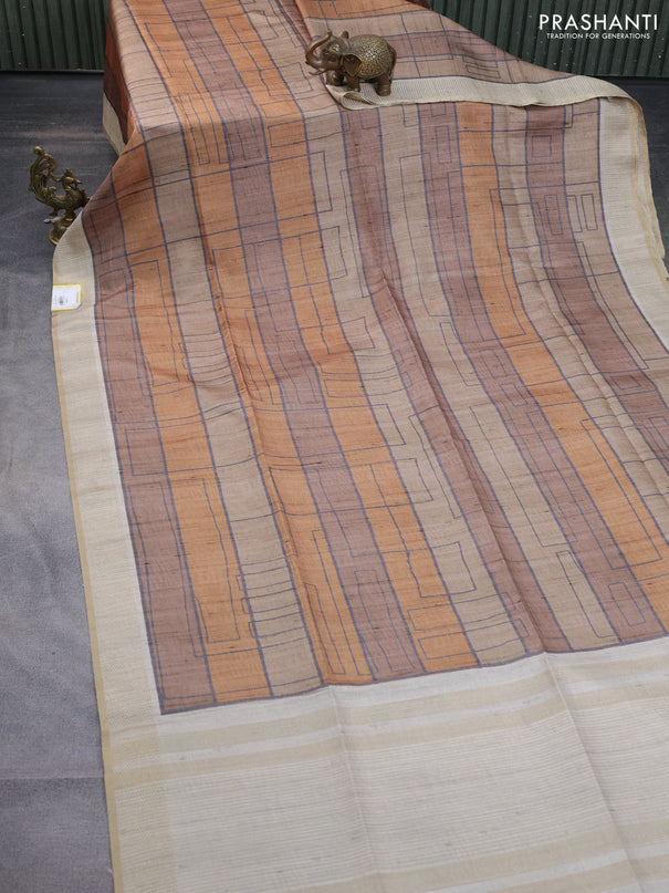 Semi matka saree mustard yellow and beige with allover geometric prints and zari woven border
