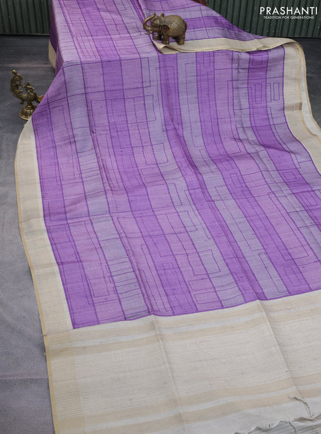 Semi matka saree lavender and beige with allover geometric prints and zari woven border
