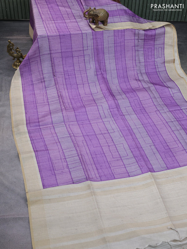 Semi matka saree lavender and beige with allover geometric prints and zari woven border