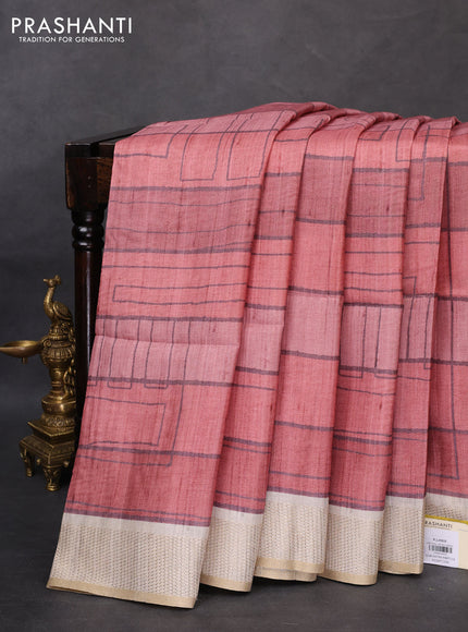 Semi matka saree rust shade and beige with allover geometric prints and zari woven border