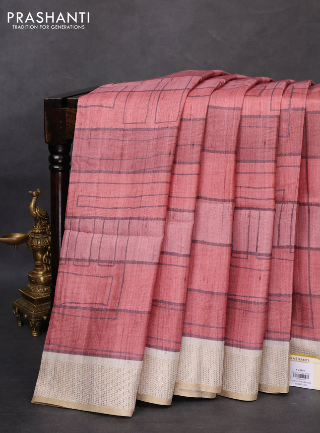 Semi matka saree rust shade and beige with allover geometric prints and zari woven border