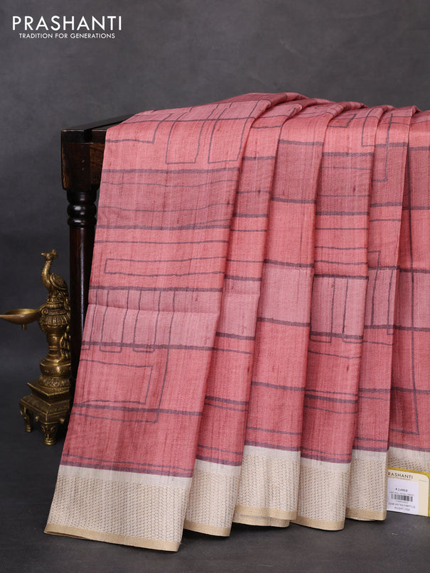Semi matka saree rust shade and beige with allover geometric prints and zari woven border