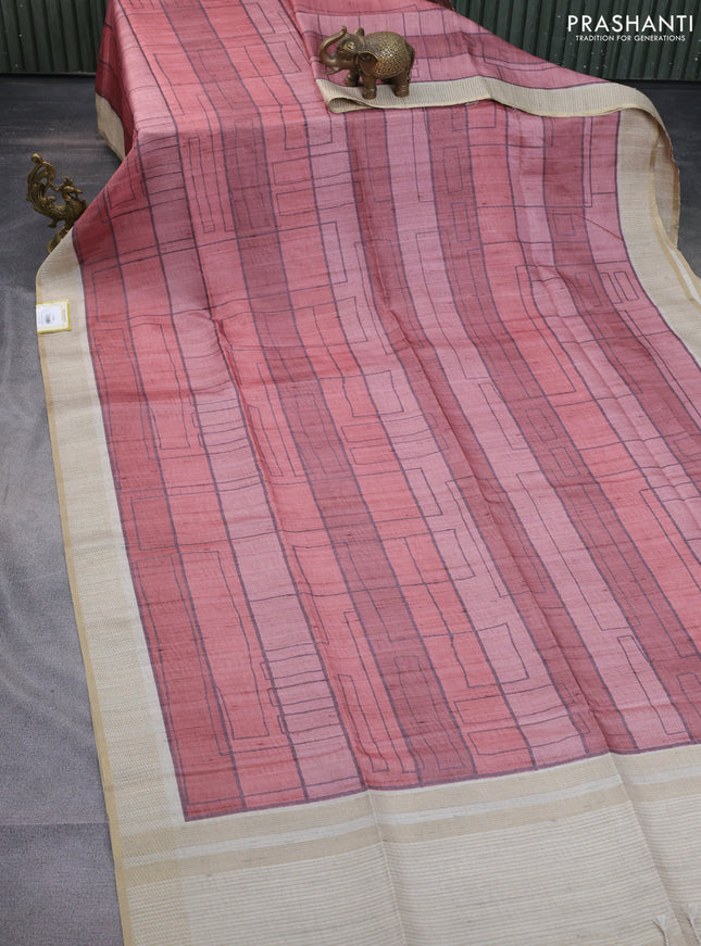 Semi matka saree rust shade and beige with allover geometric prints and zari woven border