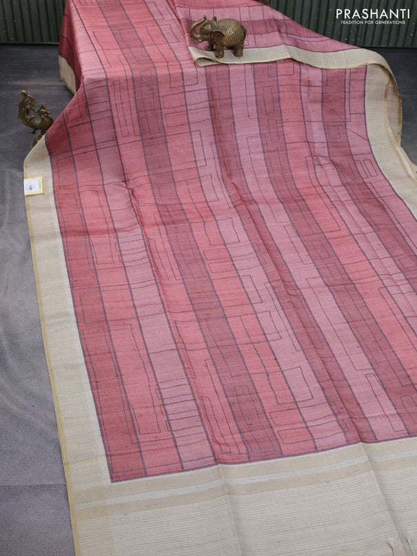 Semi matka saree rust shade and beige with allover geometric prints and zari woven border