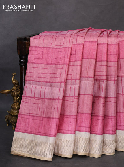 Semi matka saree pink and beige with allover geometric prints and zari woven border